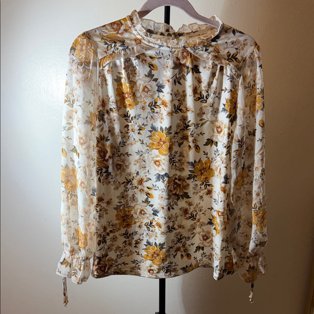 Perseption Concept White Floral Ruffle-Neck Blouse With Mustard Accents